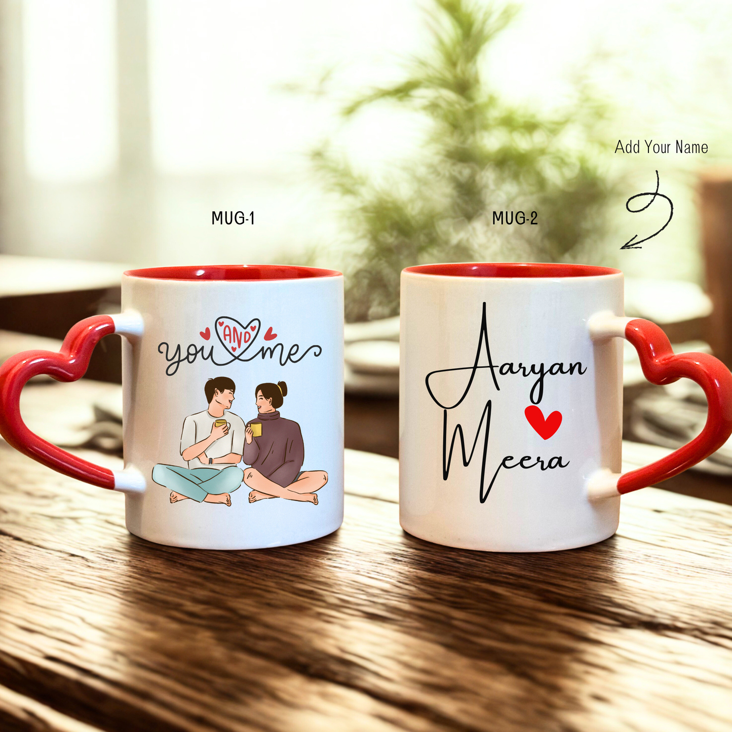 You and Me - Custom Mug - Heart Handle (Set of 2)