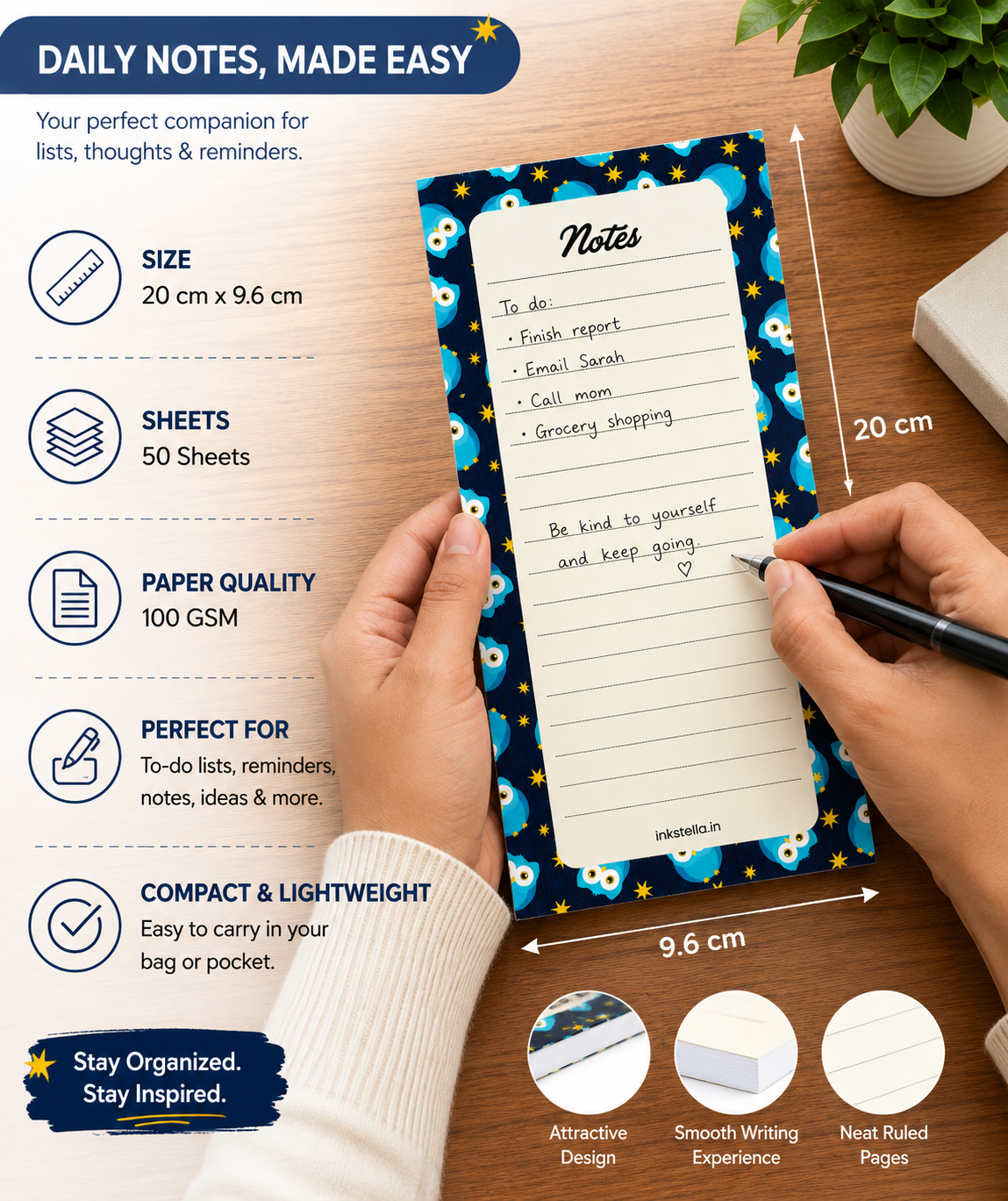 Stellar Owl Premium Tear-Off Notepad – Slim Magnetic List Pad for Grocery, Reminders & Daily Notes (Pack of 3)