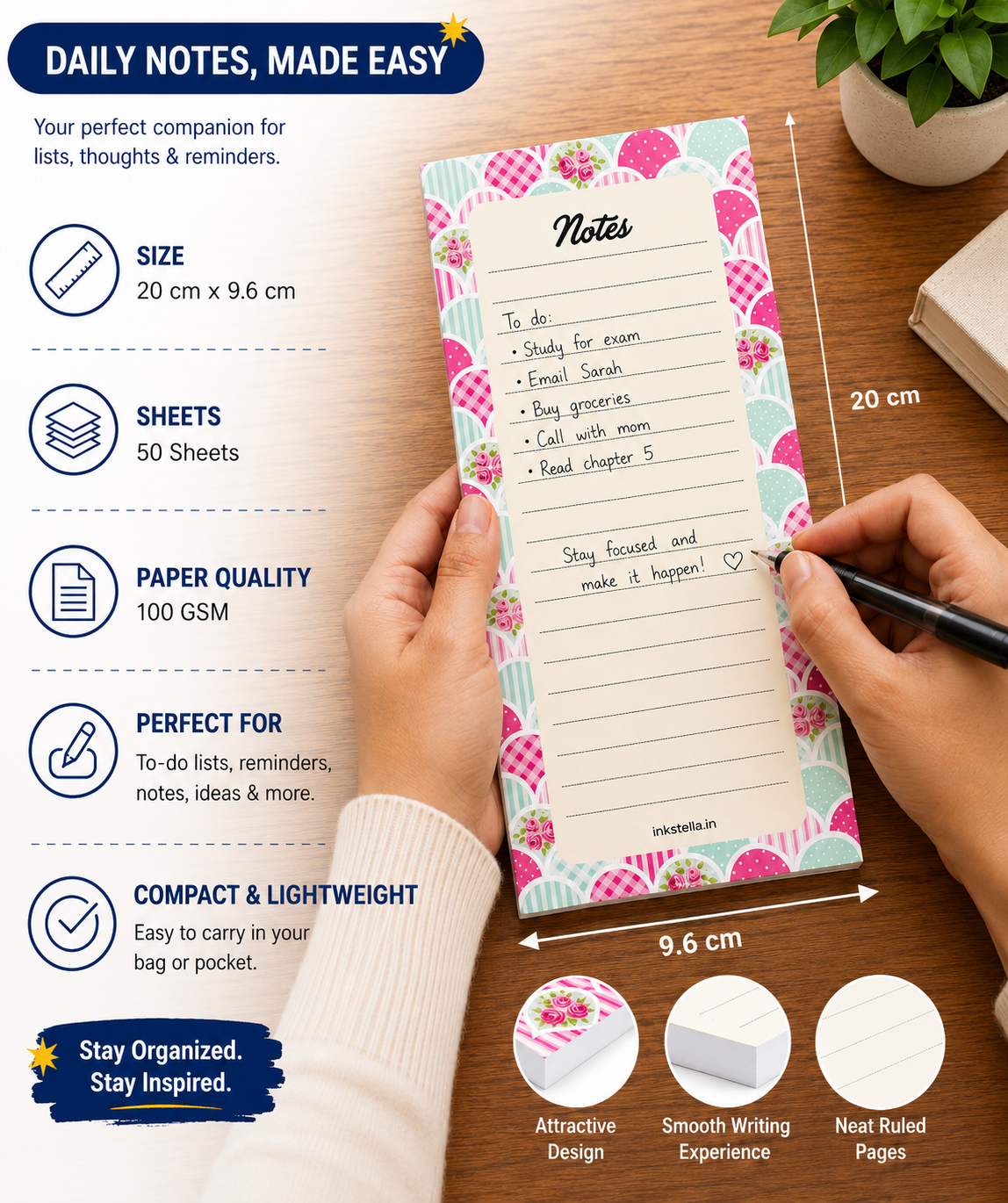 Floral Scallop Premium Tear-Off Notepad – Slim List Pad for To-Do Lists, Groceries & Daily Tasks