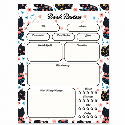A5 Book Review Notepad – 50 Tear-Off Sheets, Premium 100 GSM Paper | Reading Tracker Log Pad for Book Lovers, Bookworms, and Reading Clubs, 20x14 cm (Black Floral Cat)