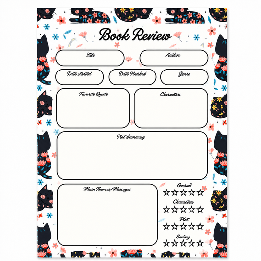 A5 Book Review Notepad – 50 Tear-Off Sheets, Premium 100 GSM Paper | Reading Tracker Log Pad for Book Lovers, Bookworms, and Reading Clubs, 20x14 cm (Black Floral Cat)