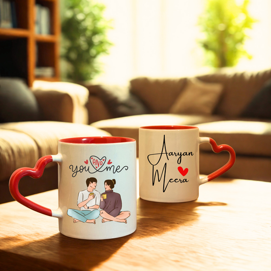 You and Me - Custom Mug - Heart Handle (Set of 2)