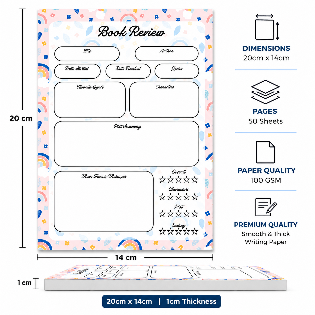 A5 Book Review Notepad – 50 Tear-Off Sheets, Premium 100 GSM Paper | Reading Tracker Log Pad for Book Lovers, Bookworms, and Reading Clubs, 20x14 cm (Rainbow Floral)