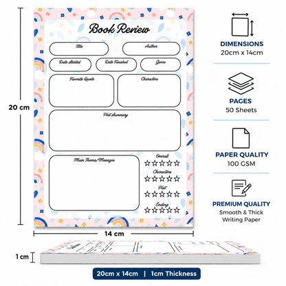 A5 Book Review Notepad – 50 Tear-Off Sheets, Premium 100 GSM Paper | Reading Tracker Log Pad for Book Lovers, Bookworms, and Reading Clubs, 20x14 cm (Rainbow Floral)