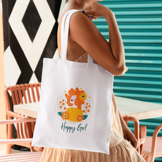 Happy Girl – Floral Aesthetic Polycotton Tote Bag
