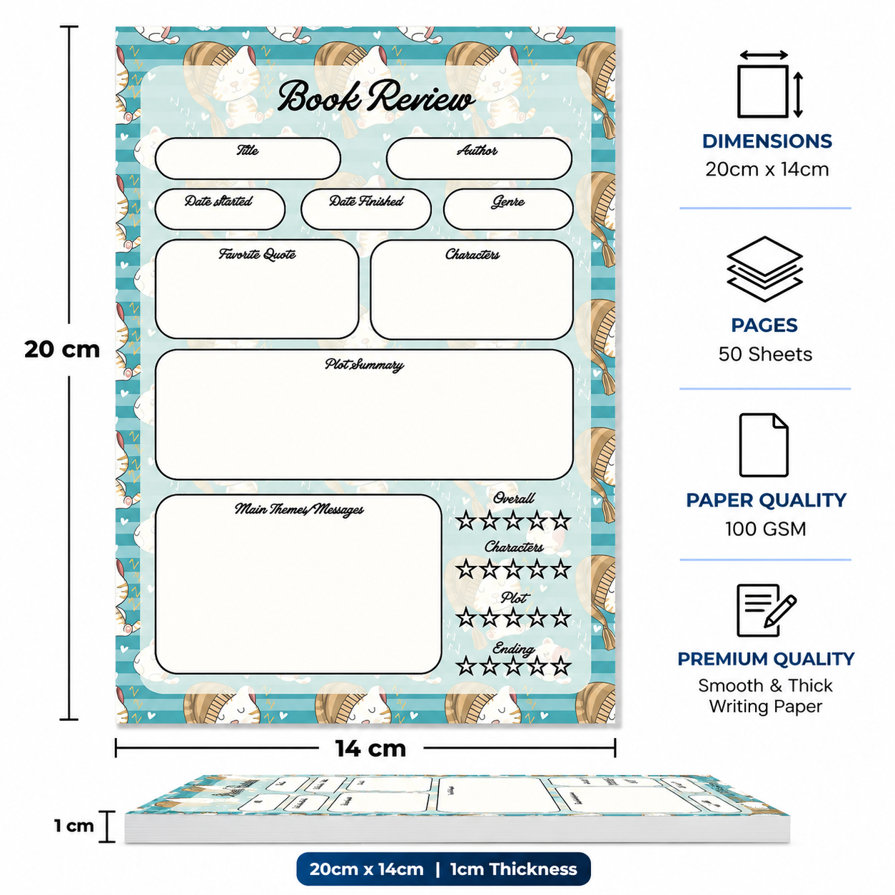 A5 Book Review Notepad – 50 Tear-Off Sheets, Premium 100 GSM Paper | Reading Tracker Log Pad for Book Lovers, Bookworms, and Reading Clubs, 20x14 cm (Sleeping Cat Teal)