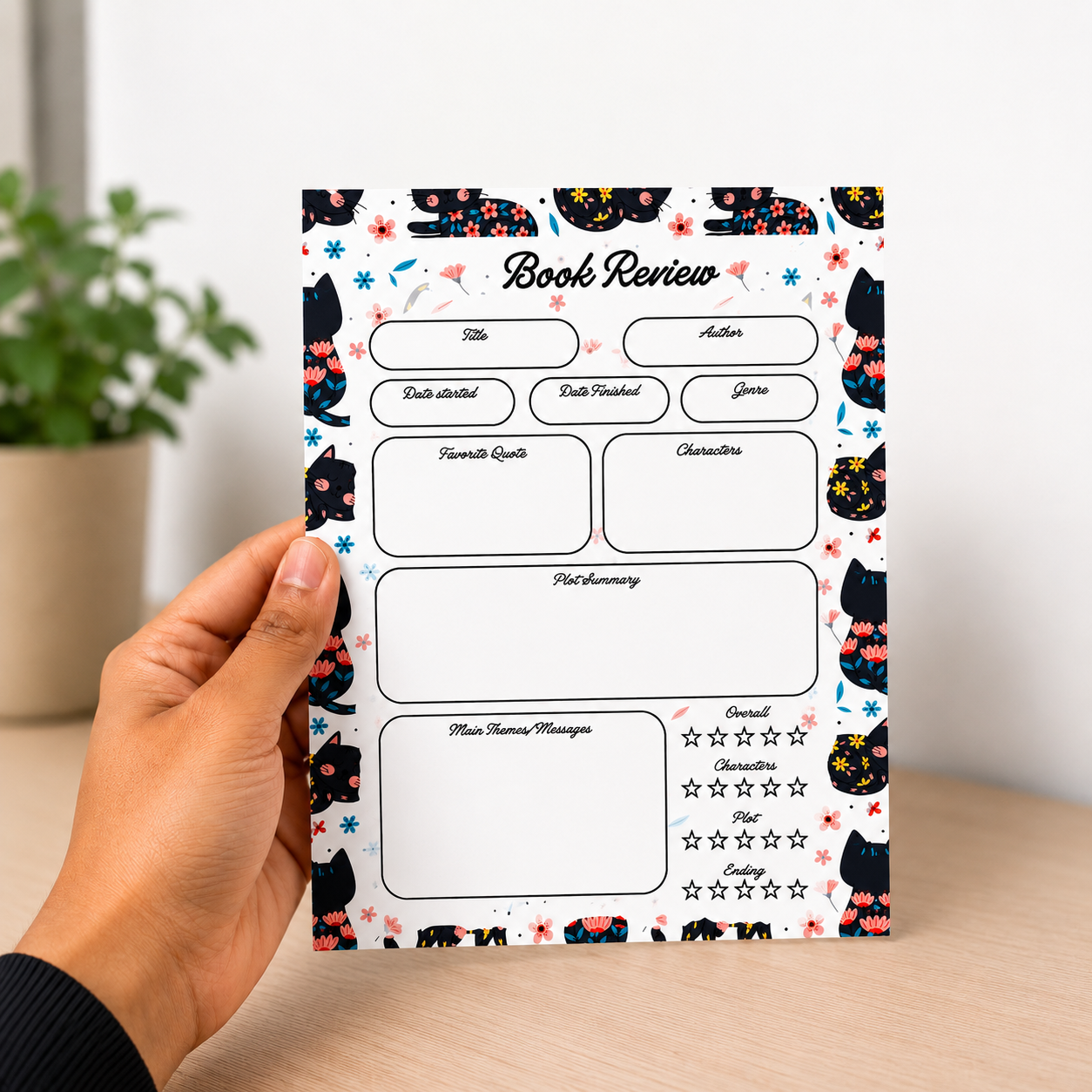 A5 Book Review Notepad – 50 Tear-Off Sheets, Premium 100 GSM Paper | Reading Tracker Log Pad for Book Lovers, Bookworms, and Reading Clubs, 20x14 cm (Black Floral Cat)