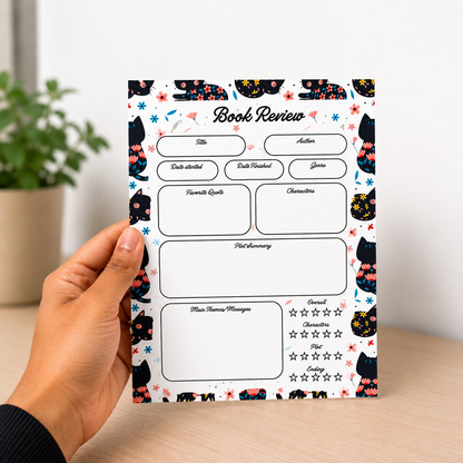 A5 Book Review Notepad – 50 Tear-Off Sheets, Premium 100 GSM Paper | Reading Tracker Log Pad for Book Lovers, Bookworms, and Reading Clubs, 20x14 cm (Black Floral Cat)