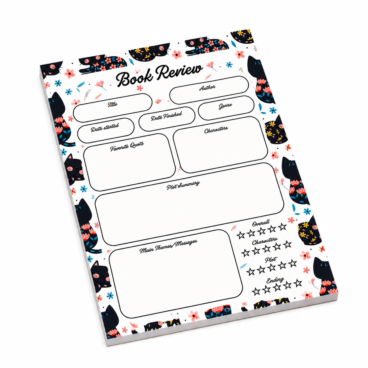 A5 Book Review Notepad – 50 Tear-Off Sheets, Premium 100 GSM Paper | Reading Tracker Log Pad for Book Lovers, Bookworms, and Reading Clubs, 20x14 cm (Black Floral Cat)