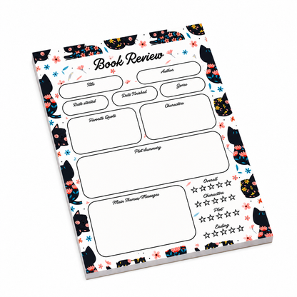 A5 Book Review Notepad – 50 Tear-Off Sheets, Premium 100 GSM Paper | Reading Tracker Log Pad for Book Lovers, Bookworms, and Reading Clubs, 20x14 cm (Black Floral Cat)