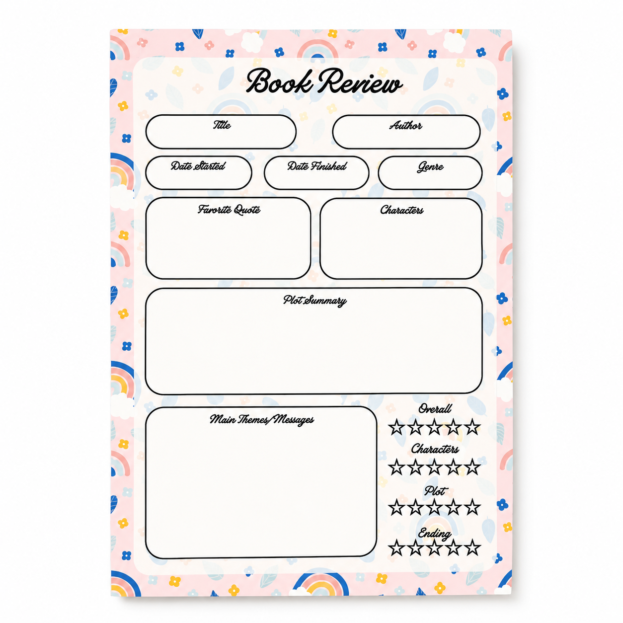 A5 Book Review Notepad – 50 Tear-Off Sheets, Premium 100 GSM Paper | Reading Tracker Log Pad for Book Lovers, Bookworms, and Reading Clubs, 20x14 cm (Rainbow Floral)