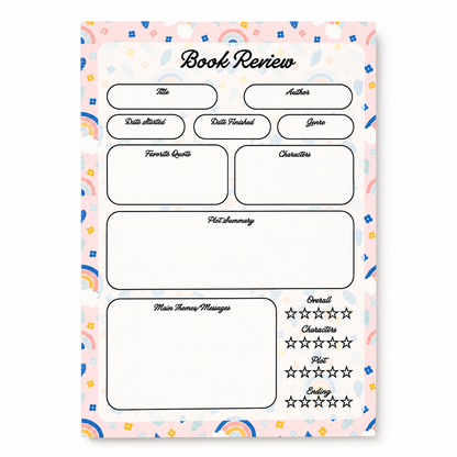 A5 Book Review Notepad – 50 Tear-Off Sheets, Premium 100 GSM Paper | Reading Tracker Log Pad for Book Lovers, Bookworms, and Reading Clubs, 20x14 cm (Rainbow Floral)