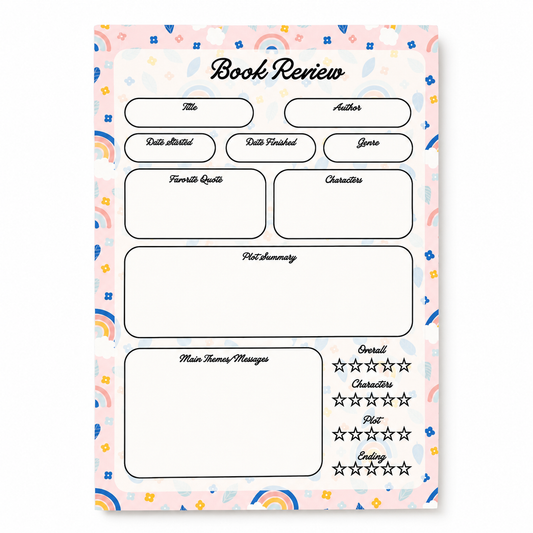 A5 Book Review Notepad – 50 Tear-Off Sheets, Premium 100 GSM Paper | Reading Tracker Log Pad for Book Lovers, Bookworms, and Reading Clubs, 20x14 cm (Rainbow Floral)