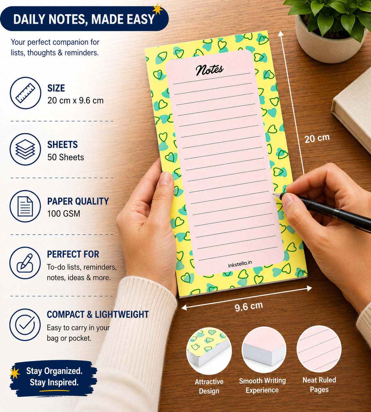 Pastel Hearts Premium Tear-Off Notepad – Slim List Pad for To-Do Lists, Groceries & Daily Tasks