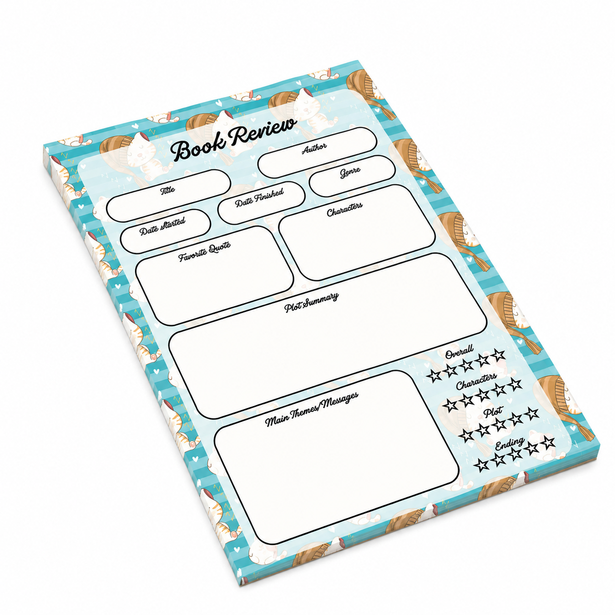 A5 Book Review Notepad – 50 Tear-Off Sheets, Premium 100 GSM Paper | Reading Tracker Log Pad for Book Lovers, Bookworms, and Reading Clubs, 20x14 cm (Sleeping Cat Teal)