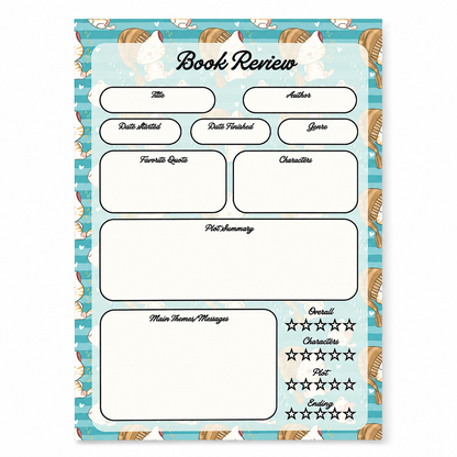 A5 Book Review Notepad – 50 Tear-Off Sheets, Premium 100 GSM Paper | Reading Tracker Log Pad for Book Lovers, Bookworms, and Reading Clubs, 20x14 cm (Sleeping Cat Teal)