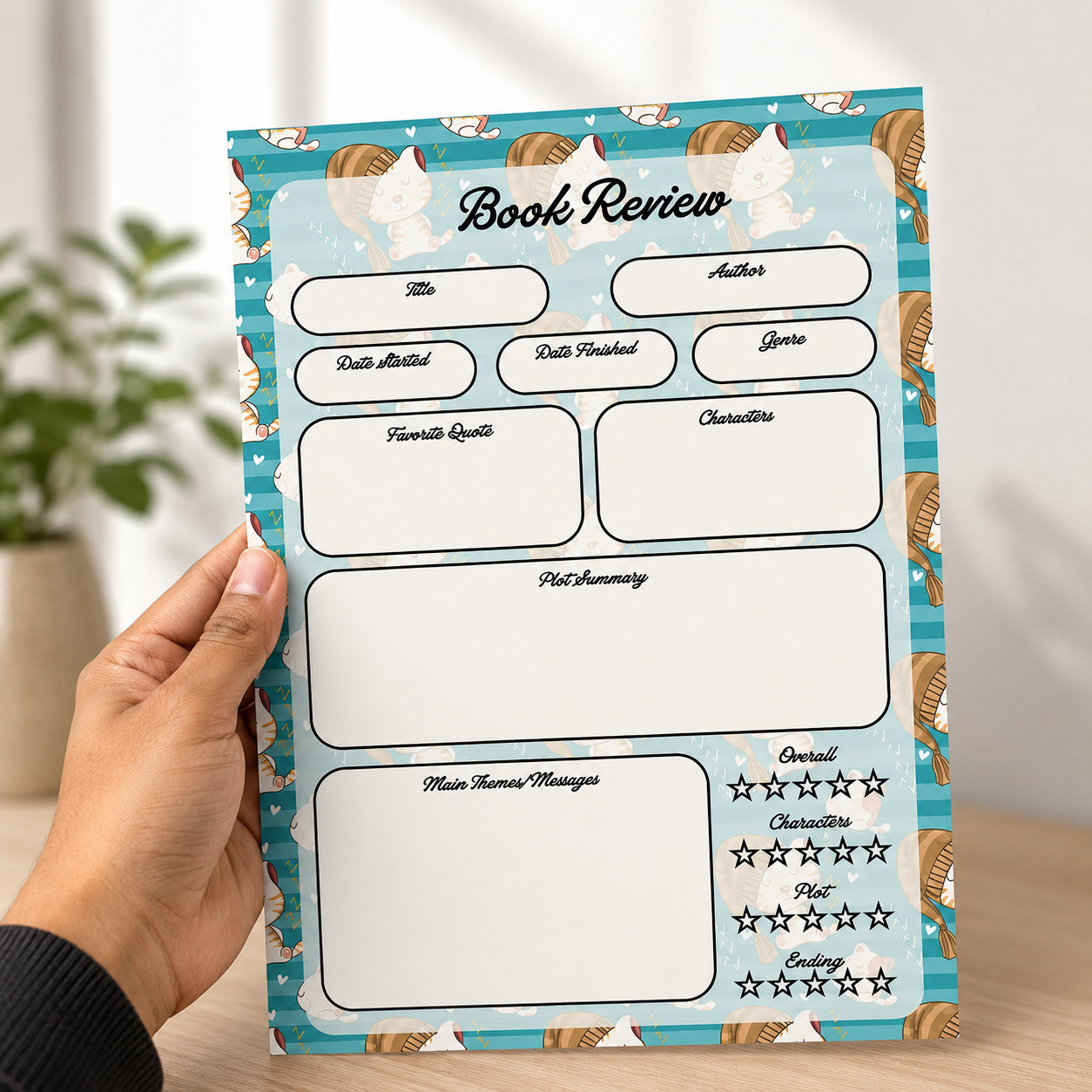 A5 Book Review Notepad – 50 Tear-Off Sheets, Premium 100 GSM Paper | Reading Tracker Log Pad for Book Lovers, Bookworms, and Reading Clubs, 20x14 cm (Sleeping Cat Teal)