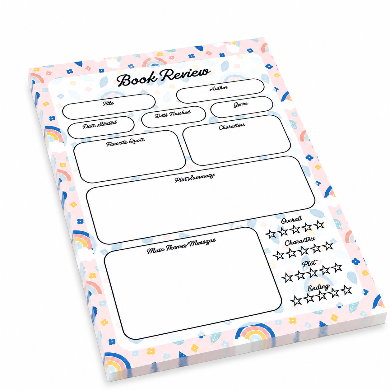 A5 Book Review Notepad – 50 Tear-Off Sheets, Premium 100 GSM Paper | Reading Tracker Log Pad for Book Lovers, Bookworms, and Reading Clubs, 20x14 cm (Rainbow Floral)