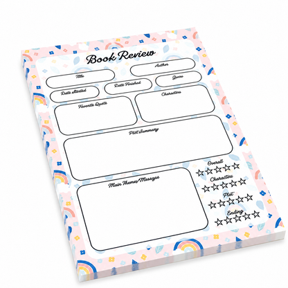 A5 Book Review Notepad – 50 Tear-Off Sheets, Premium 100 GSM Paper | Reading Tracker Log Pad for Book Lovers, Bookworms, and Reading Clubs, 20x14 cm (Rainbow Floral)