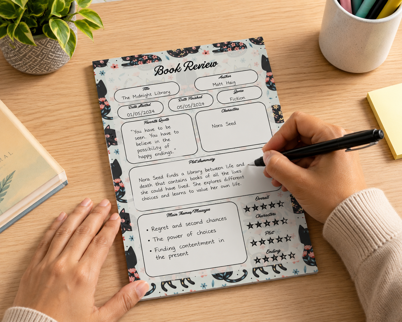 A5 Book Review Notepad – 50 Tear-Off Sheets, Premium 100 GSM Paper | Reading Tracker Log Pad for Book Lovers, Bookworms, and Reading Clubs, 20x14 cm (Black Floral Cat)