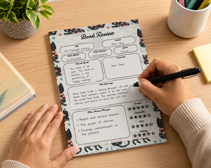 A5 Book Review Notepad – 50 Tear-Off Sheets, Premium 100 GSM Paper | Reading Tracker Log Pad for Book Lovers, Bookworms, and Reading Clubs, 20x14 cm (Black Floral Cat)