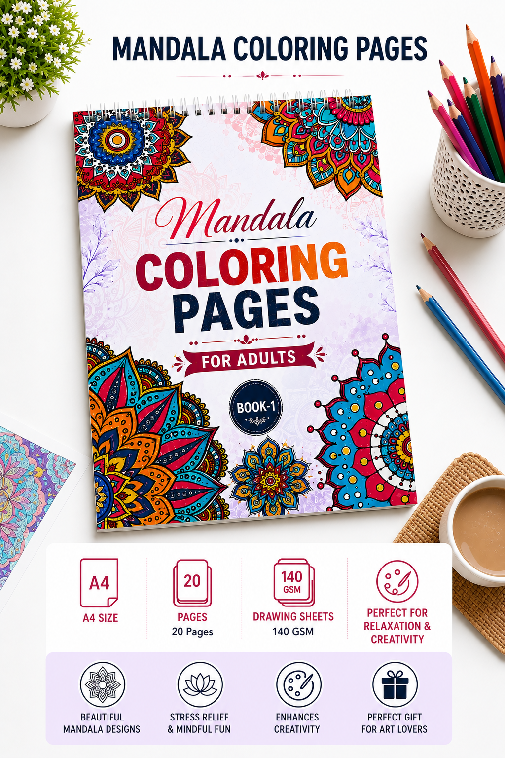 Mandala Coloring Pages for Adults | Book-1 | 20 Sheets, 140 GSM A4 Spiral Notepad