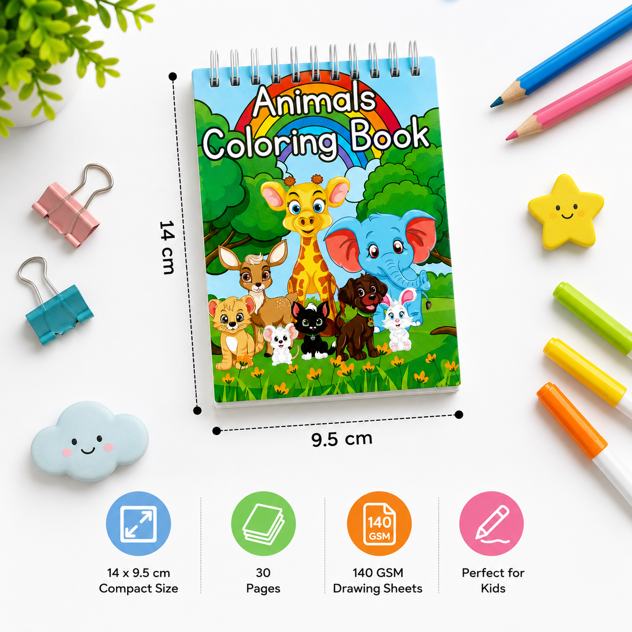 Animals Coloring Book for Kids | Compact A6 Size | 30 Premium 140 GSM Sheets | Spiral Bound