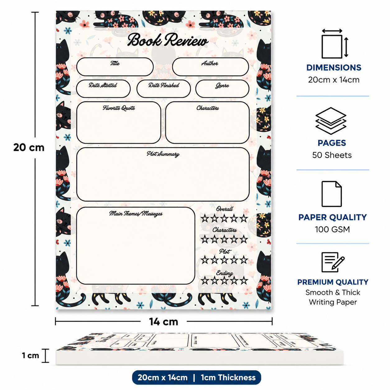A5 Book Review Notepad – 50 Tear-Off Sheets, Premium 100 GSM Paper | Reading Tracker Log Pad for Book Lovers, Bookworms, and Reading Clubs, 20x14 cm (Black Floral Cat)