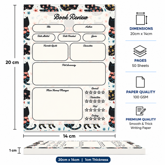 A5 Book Review Notepad – 50 Tear-Off Sheets, Premium 100 GSM Paper | Reading Tracker Log Pad for Book Lovers, Bookworms, and Reading Clubs, 20x14 cm (Black Floral Cat)