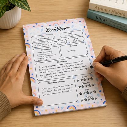 A5 Book Review Notepad – 50 Tear-Off Sheets, Premium 100 GSM Paper | Reading Tracker Log Pad for Book Lovers, Bookworms, and Reading Clubs, 20x14 cm (Rainbow Floral)
