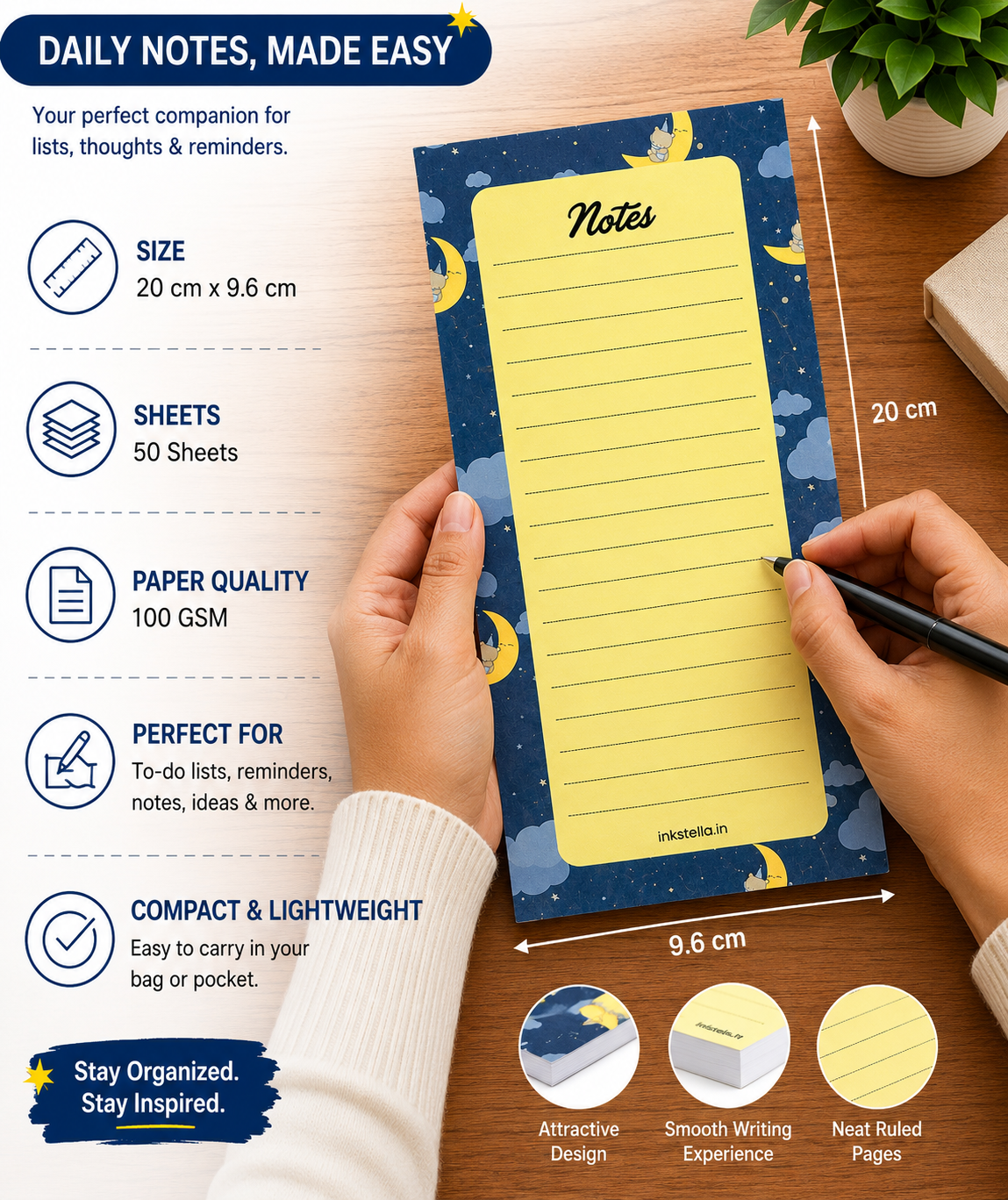 Midnight Moon & Stars Premium Tear-Off Notepad – Slim List Pad for Groceries, Reminders & Daily (Pack of 3)