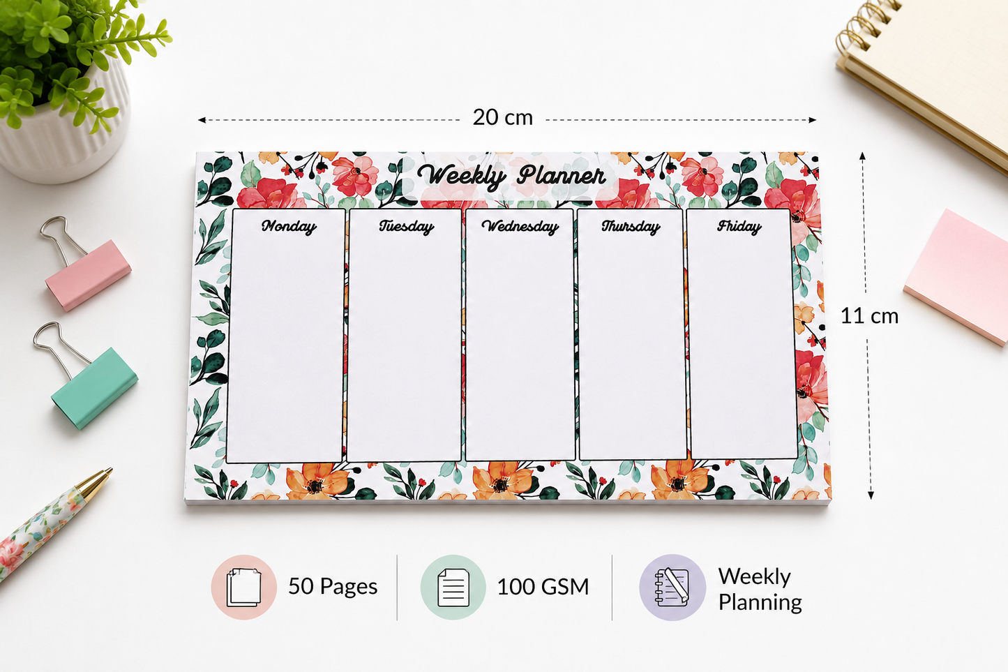 Floral Weekly Planner Desk Pad | 50 Tear-Off Sheets, 100 GSM Premium Paper | 20 x 11 cm