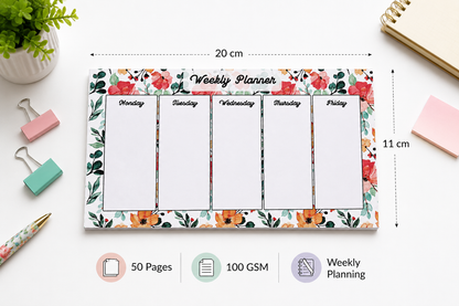 Floral Weekly Planner Desk Pad | 50 Tear-Off Sheets, 100 GSM Premium Paper | 20 x 11 cm