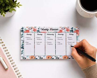 Floral Weekly Planner Desk Pad | 50 Tear-Off Sheets, 100 GSM Premium Paper | 20 x 11 cm