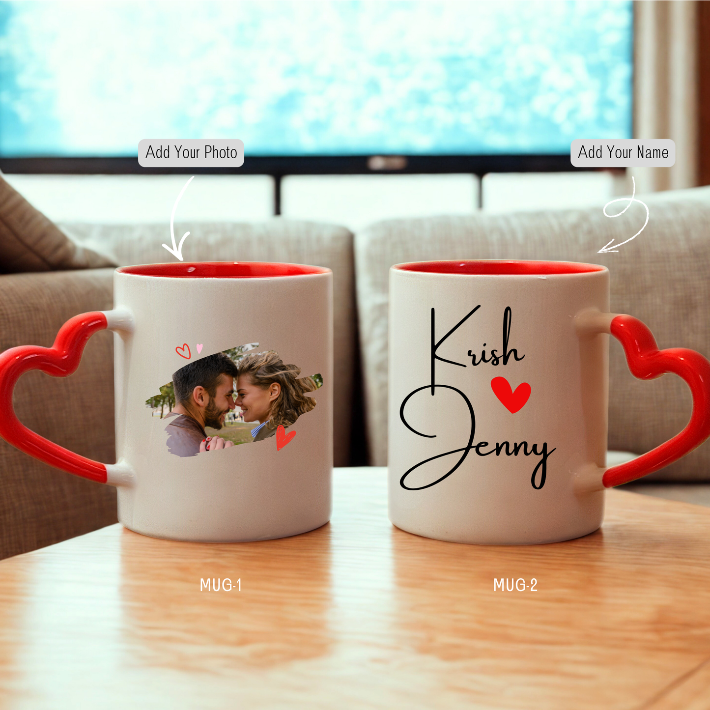 Customized Coffee Mug - Heart Handle (Set of 2)